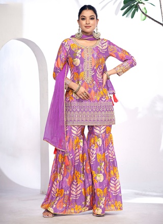 Gorgonize Chinon Embroidered Purple Readymade Salwar Kameez