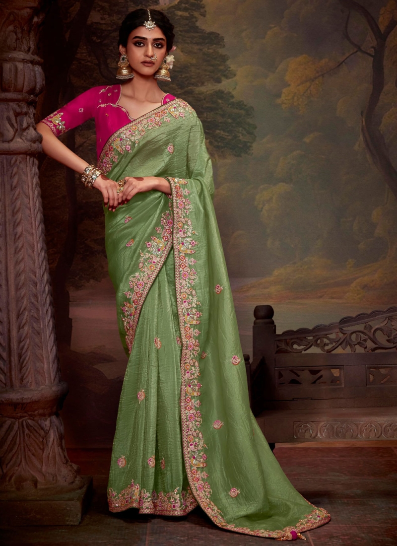 Gorgonize Organza Embroidered Green Contemporary Saree