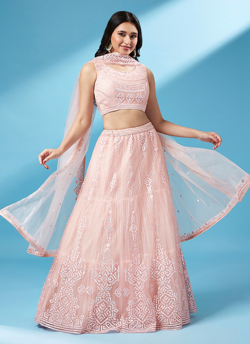 Velvet Sequins Peach and Turquoise Lehenga Choli