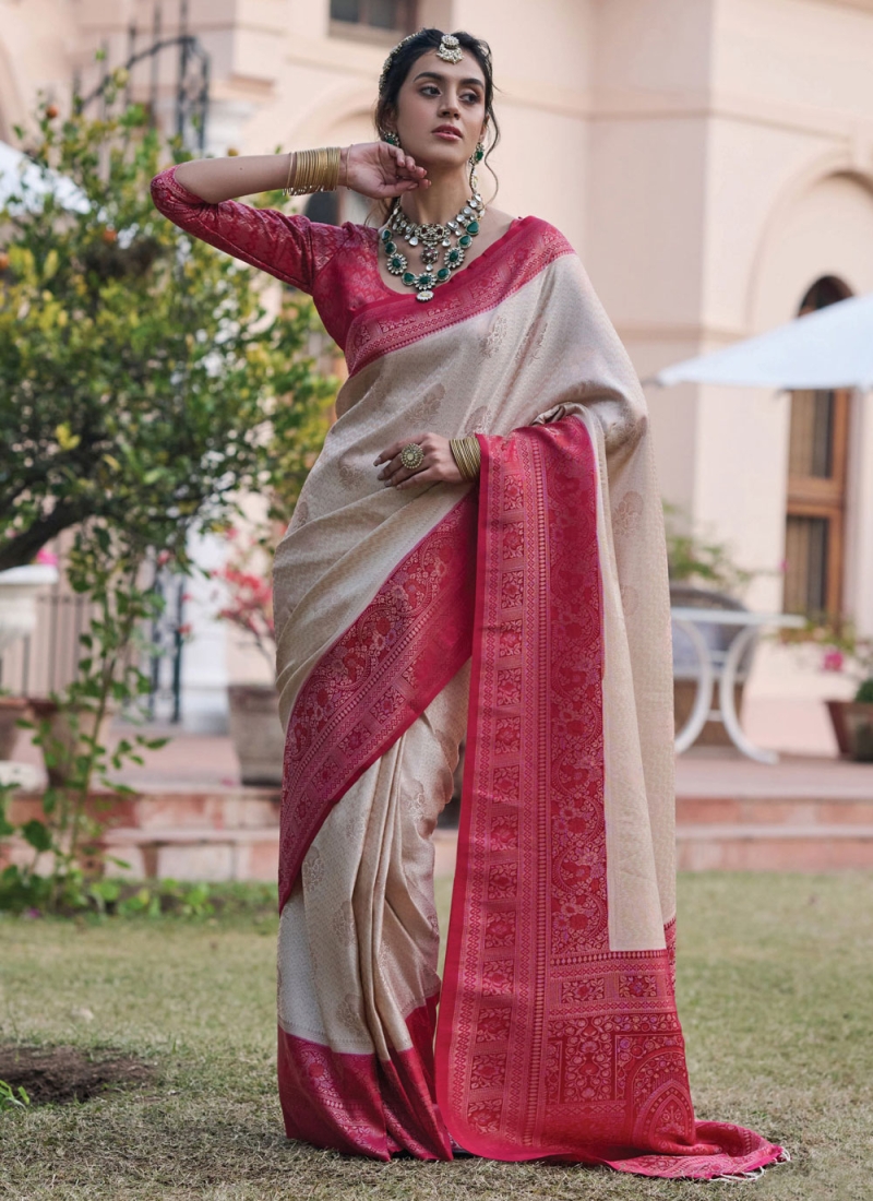 Gorgonize Weaving Cream Satin Trendy Saree