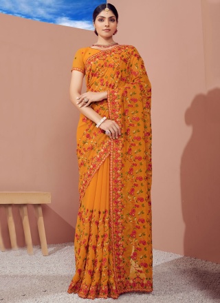 Graceful Kashmiri Georgette Mustard Contemporary Saree