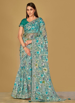 Graceful Organza Turquoise Contemporary Saree