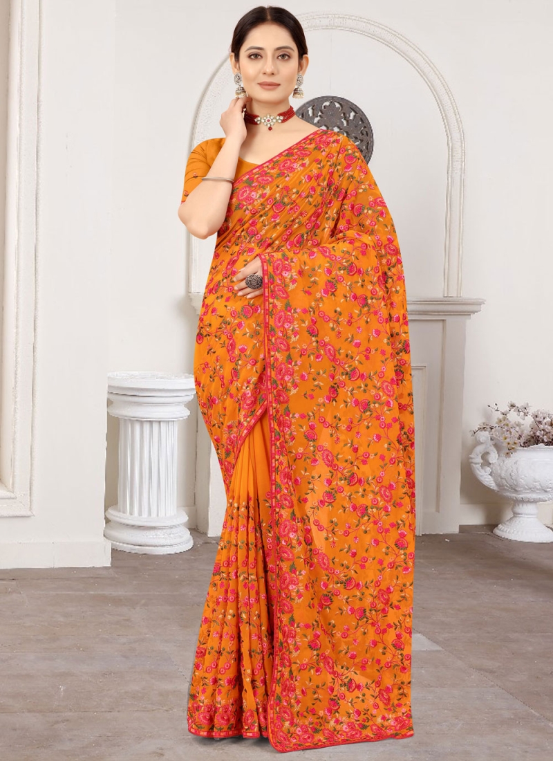 Grandiose Georgette Kashmiri Mustard Classic Saree