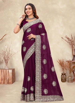 Gratifying Cord Wine Crepe Silk Contemporary Saree