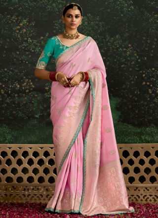 Gratifying Zari pure-dola Rose Pink Contemporary Saree