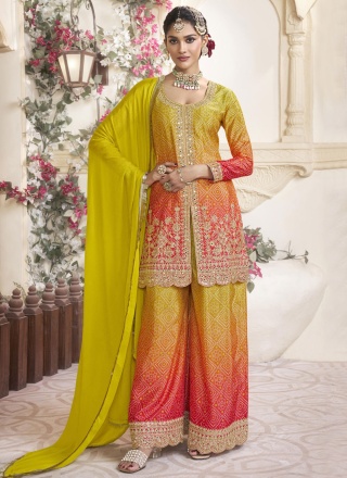 Green and Orange Embroidered Chinon Designer Salwar Kameez