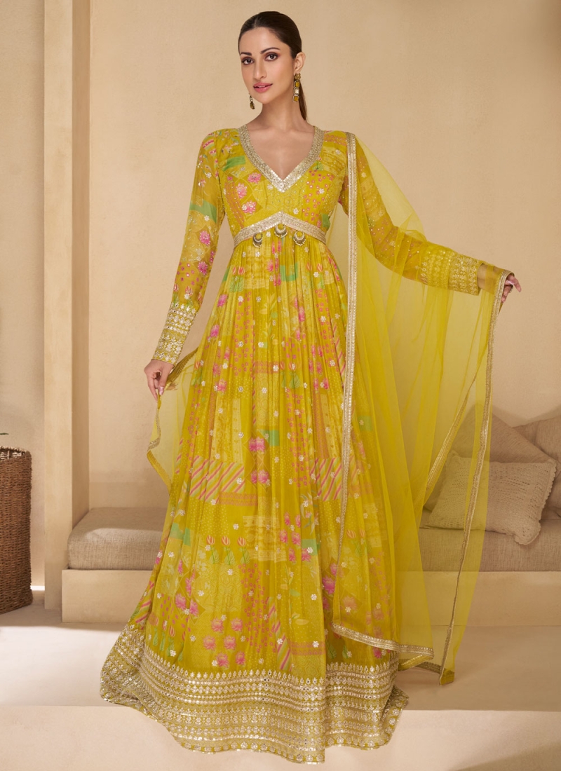 Green and Yellow Sequins Readymade Floor Length Gown 