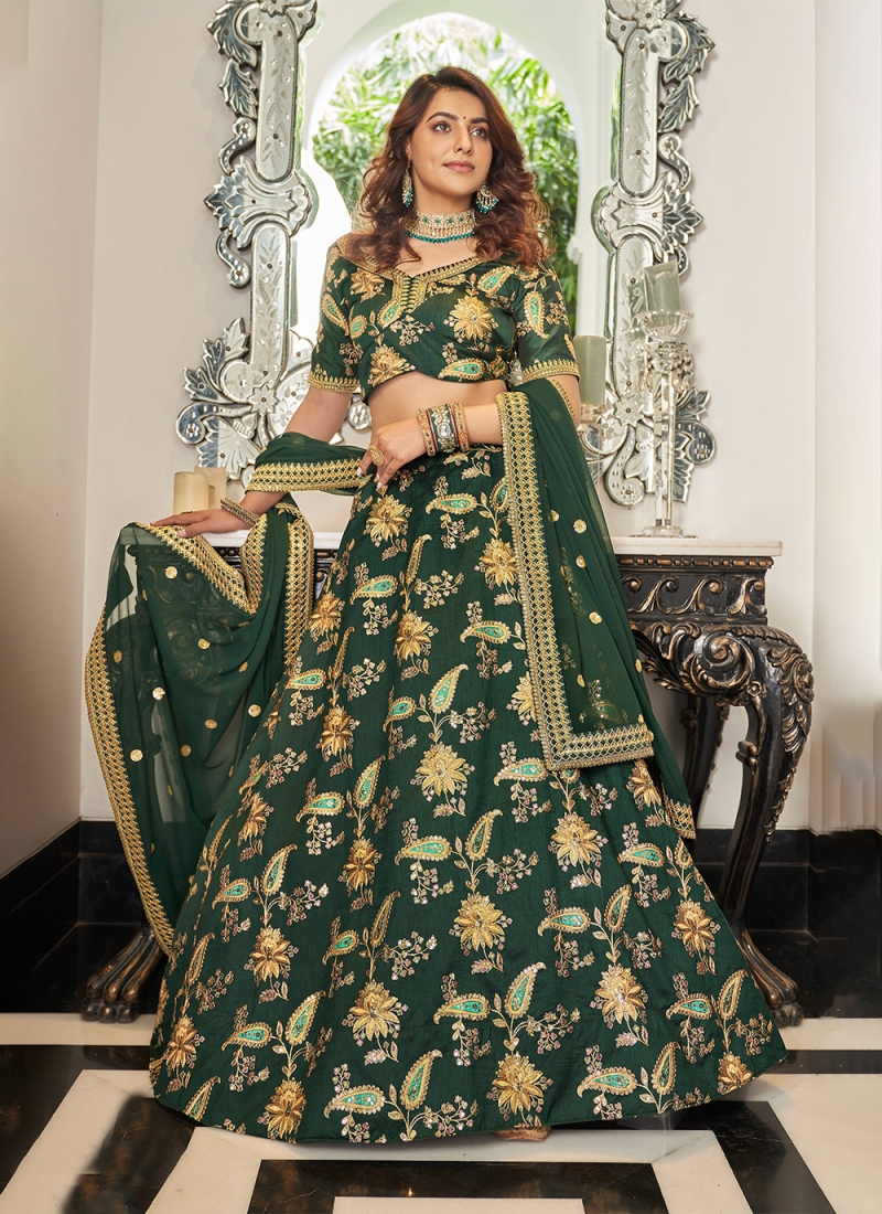 Buy Bottle green colored designer velvet lehenga choli at fealdeal.com