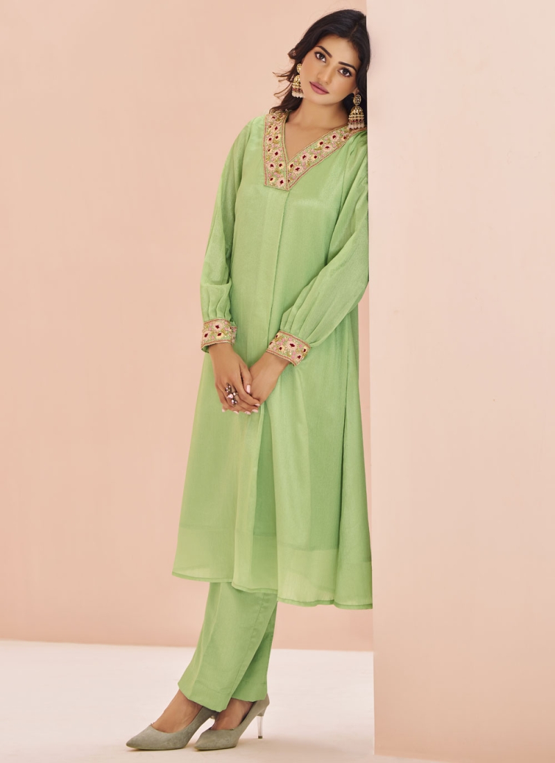 Green Chinon Embroidered Casual Kurti