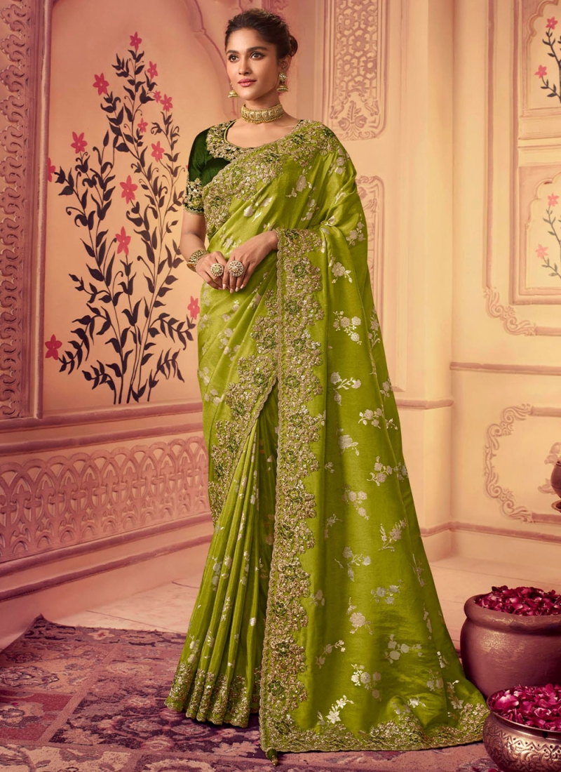 Lemon Green Zari Woven Designer Banarasi Saree – MySilkLove