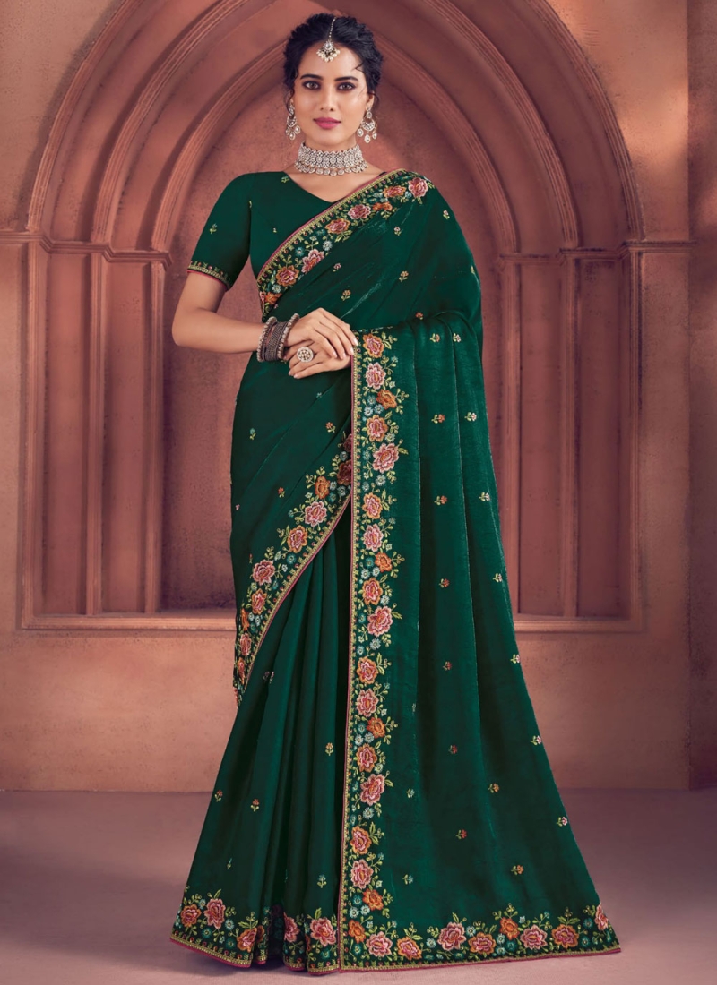 Green Embroidered Art Silk Classic Saree