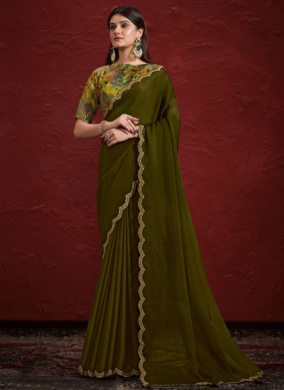 Green Embroidered Crepe Silk Classic Saree