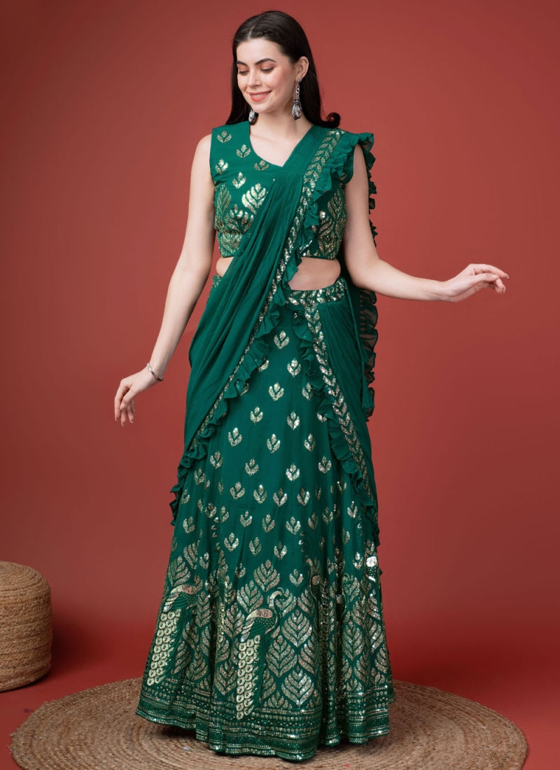 Green Embroidered Georgette Classic Saree