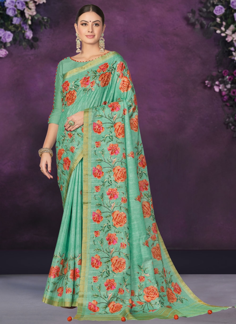 Green Embroidered Tussar Silk Contemporary Saree