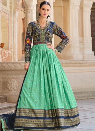 Green Foil Print Ceremonial Readymade Floor Length Gown 