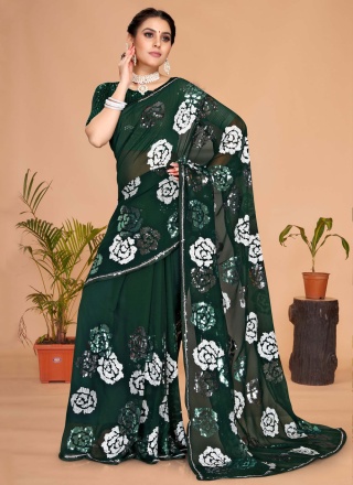 Green Georgette Sequins Trendy Saree