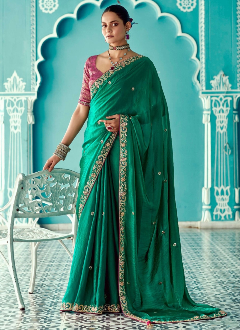 Green Glass Tissue Party Trendy Saree