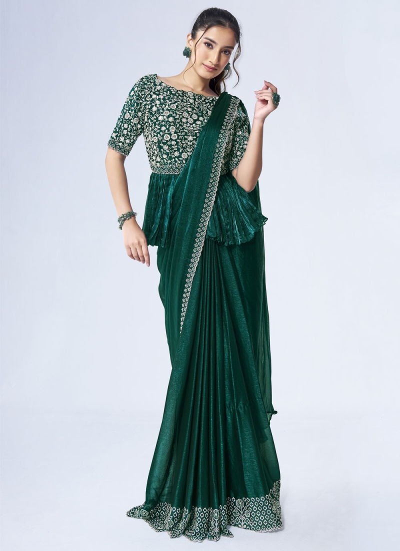 Green Khatli Work Chiffon Designer Saree