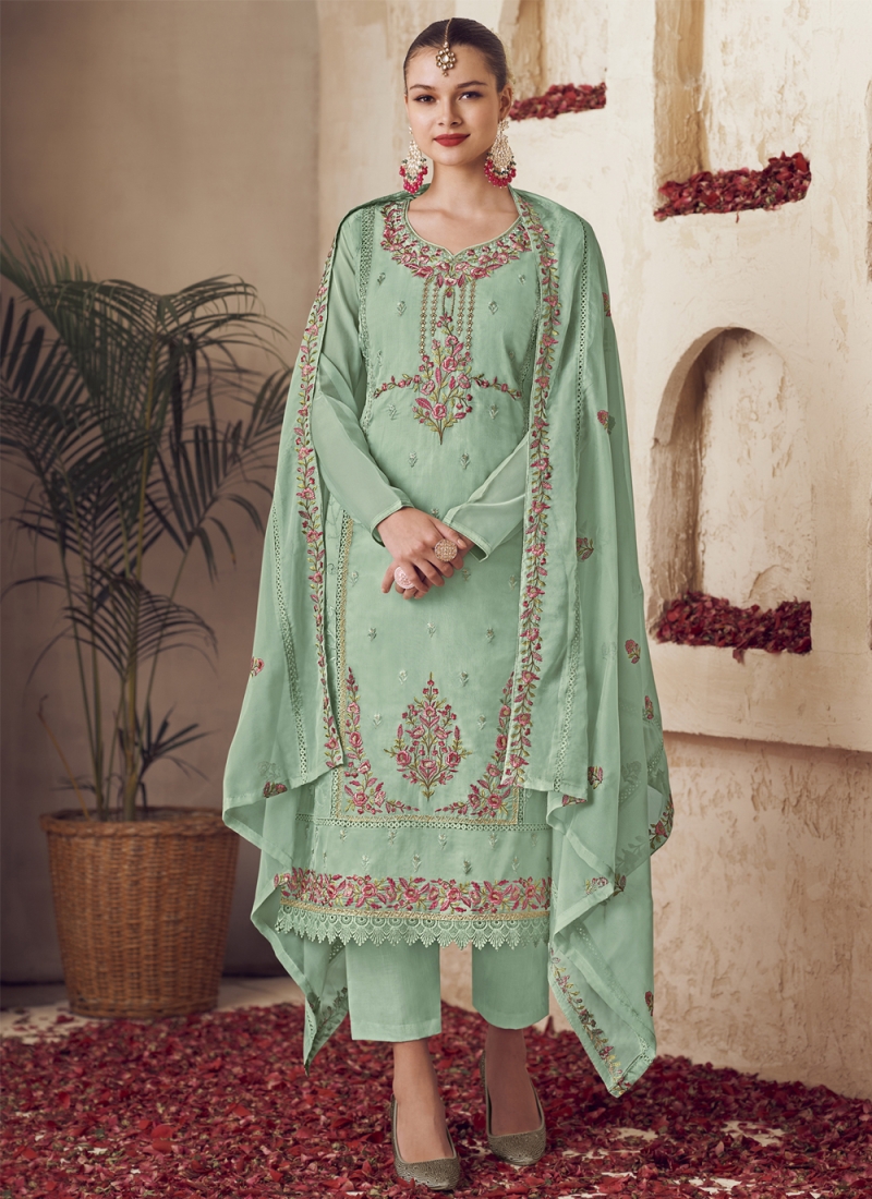 Green Organza Embroidered Straight Suit