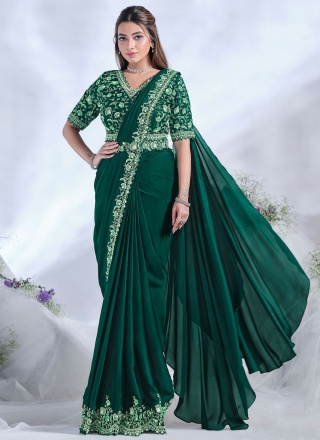 Green Satin Silk Contemporary Saree