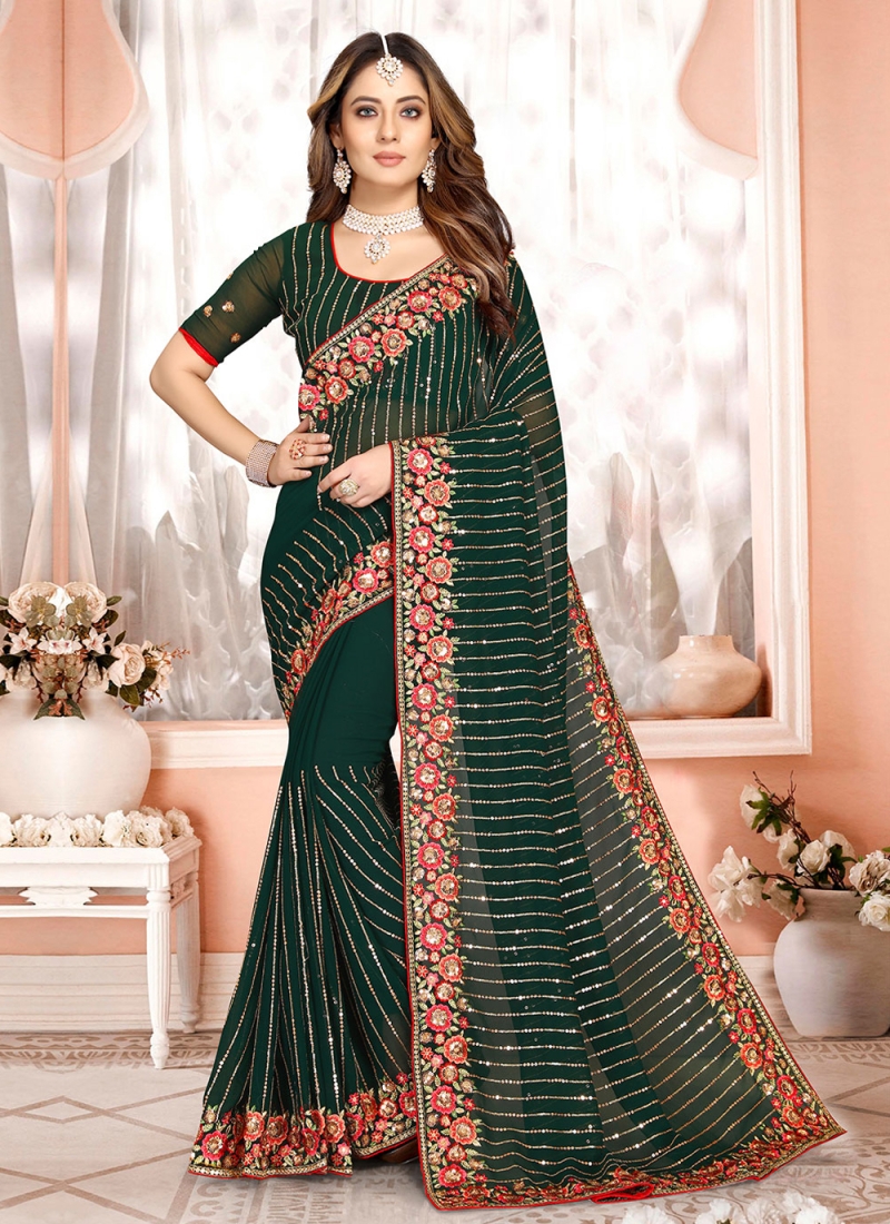 Bottle Green Sequins Georgette Saree