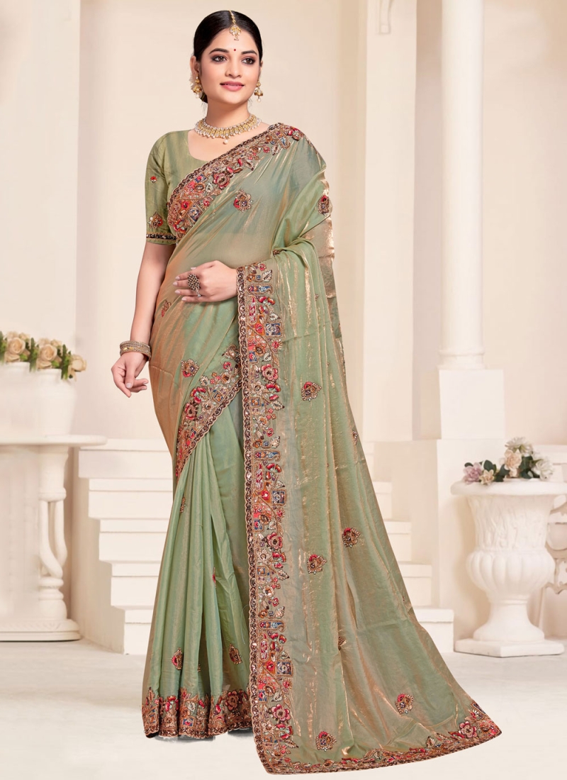 Green Silk Sequins Classic Saree