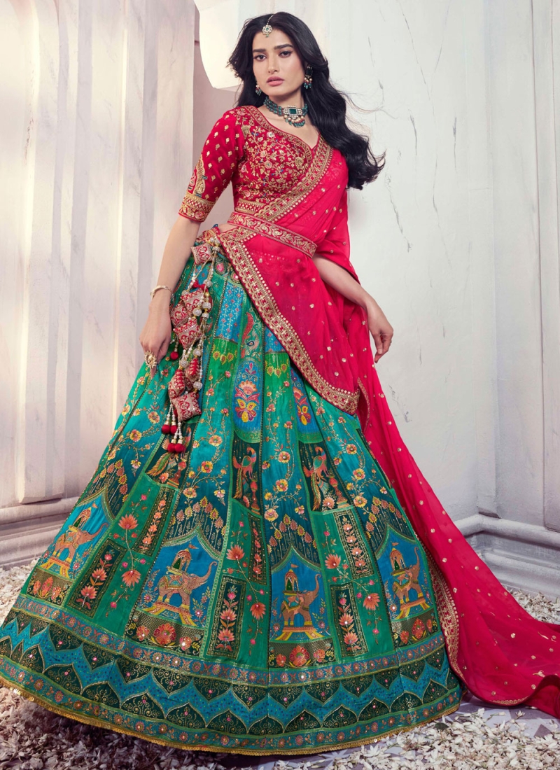 Buy Designer Pista Green Heavy Embroidered Malai Satin Lehenga Choli Online