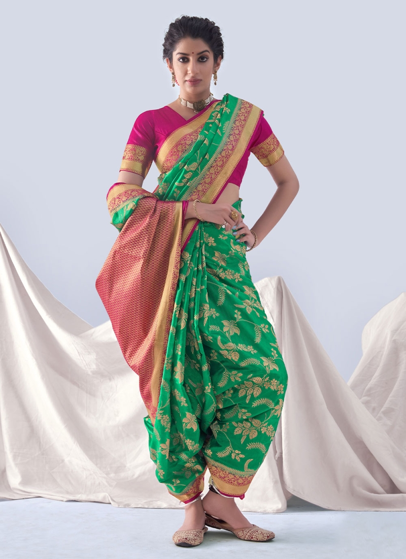 Magnificent Green Silk Saree With Pink Heavy Blouse