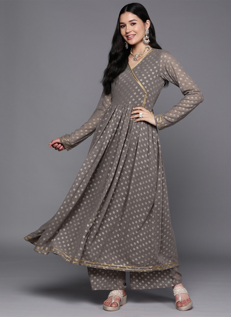 Grey Georgette Printed Party Wear Kurti