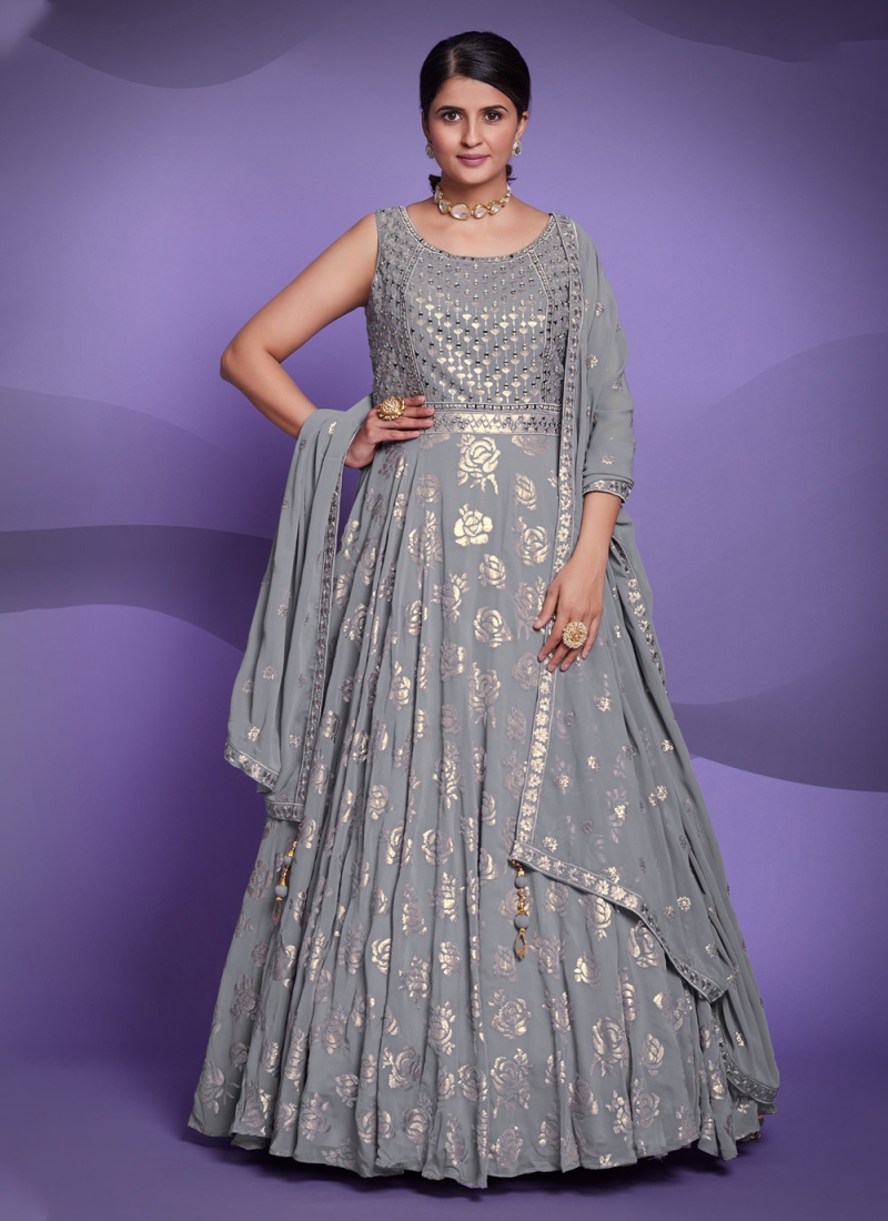 Grey Georgette Sequins Designer Gown