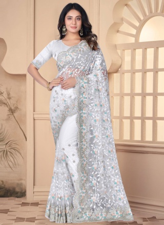 Groovy Embroidered Net White Trendy Saree