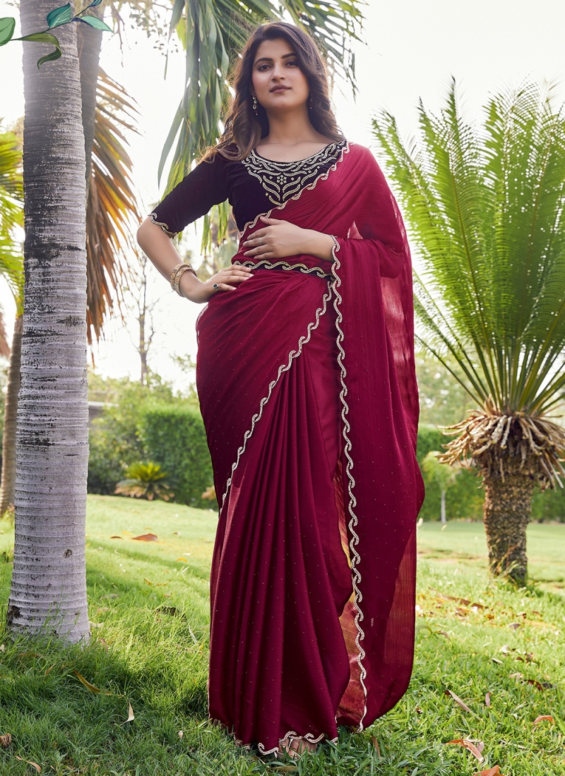 RE - Maroon Party Wear Designer Vichitra Silk Saree