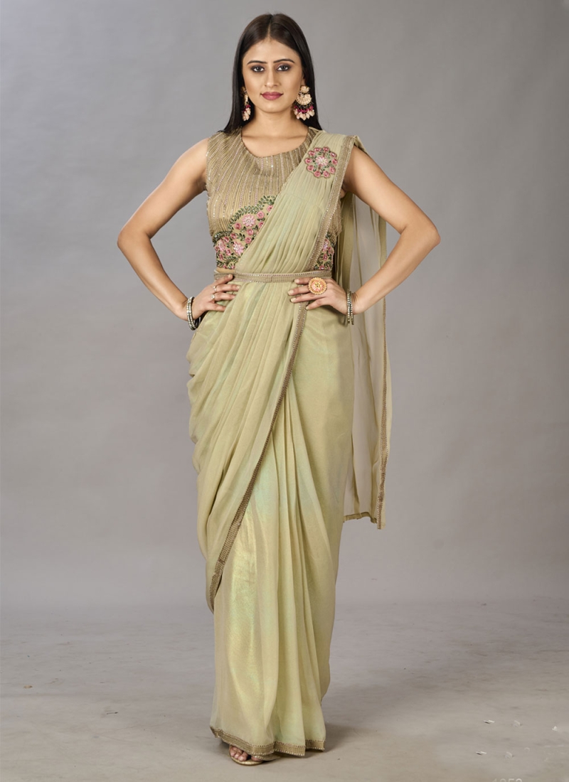 Shimmer Georgette Embroidered Saree in Light Green – Common Kiwi