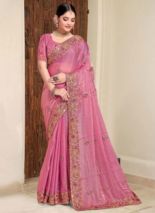 Hot Pink Embroidered Designer Traditional Saree