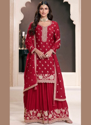 Hypnotic Chinon Embroidered Rani and Red Trendy Salwar Kameez