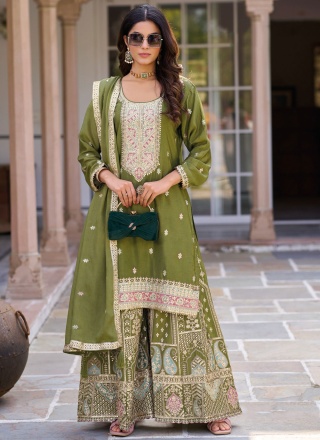 Hypnotic Sequins Chinon Green Readymade Salwar Kameez