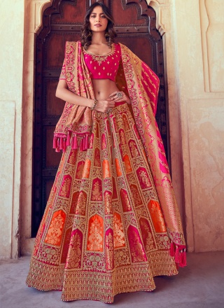 Immaculate Orange and Pink Embroidered Silk Leheng