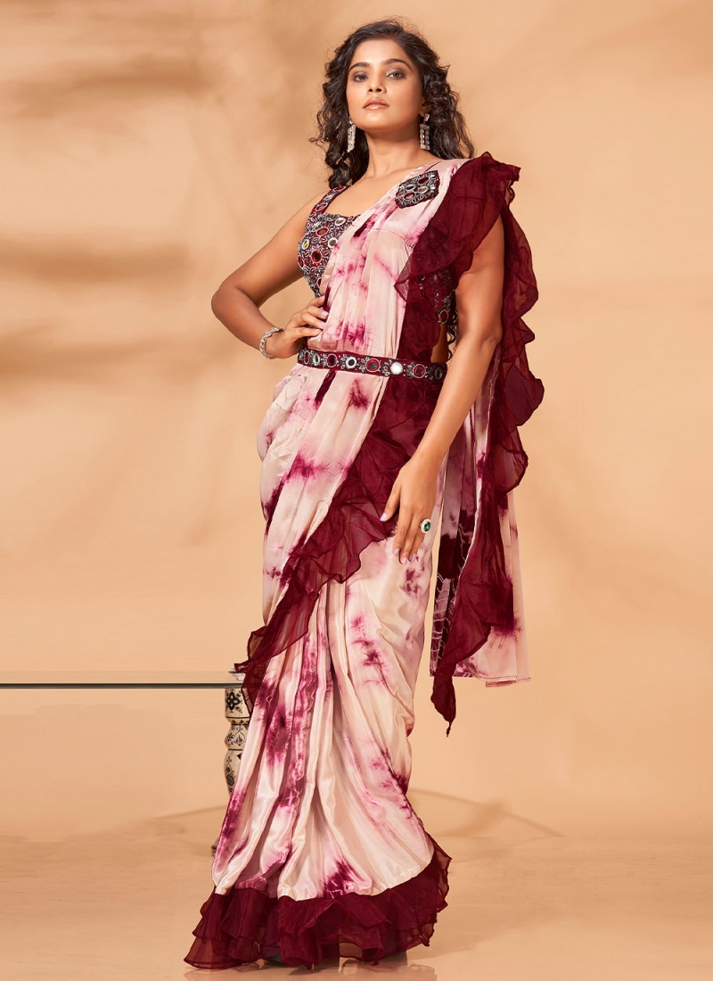 Maroon Floral Fusion Saree - Absolutely Desi