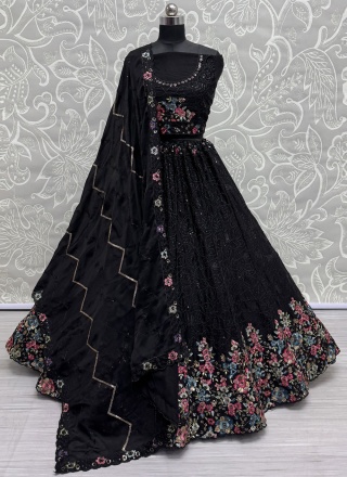 Impeccable Chinon Black Embroidered Designer Lehenga Choli