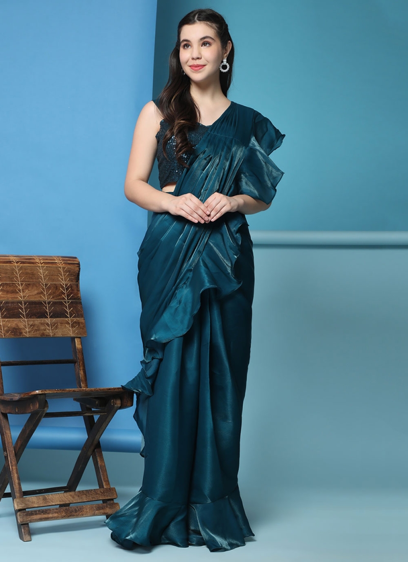 Imported Teal Ruffle Saree