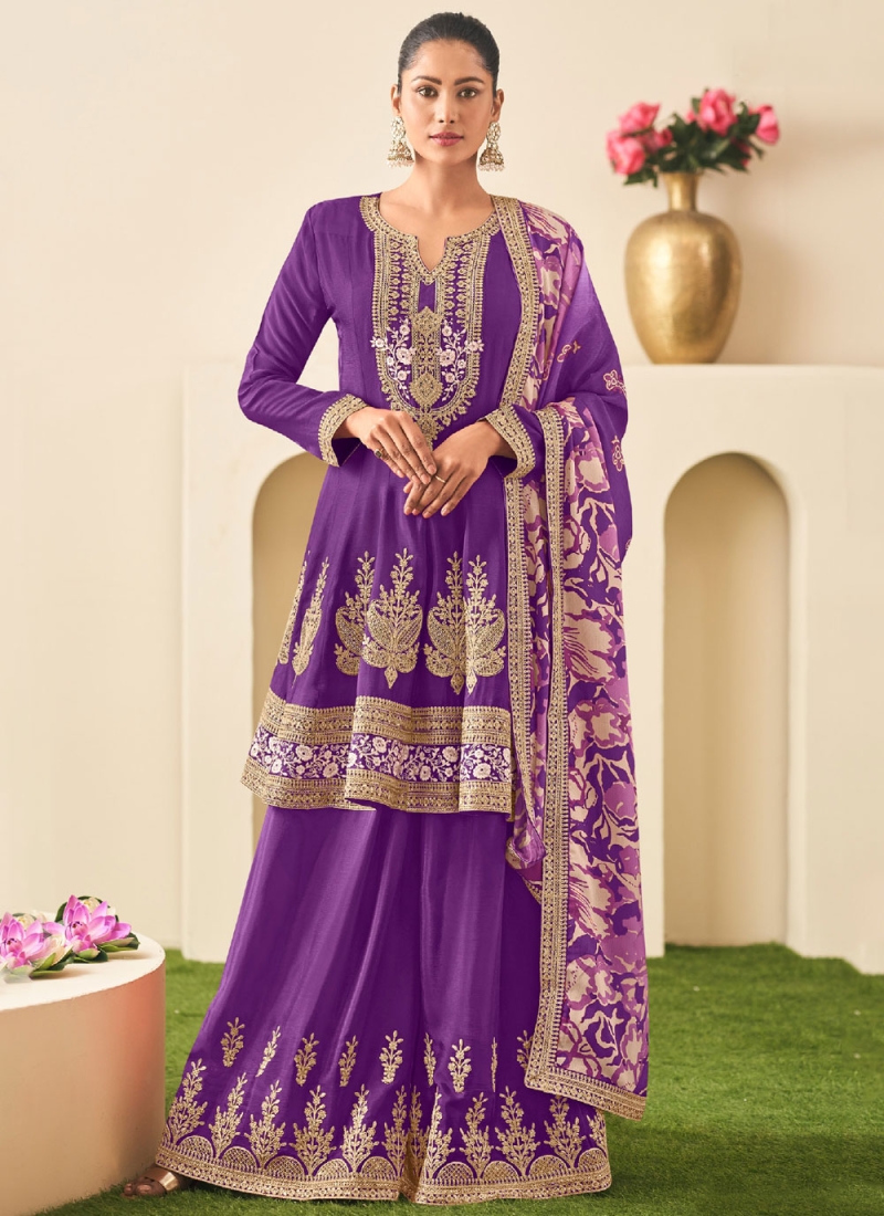 Imposing Embroidered Chinon Palazzo Salwar Kameez