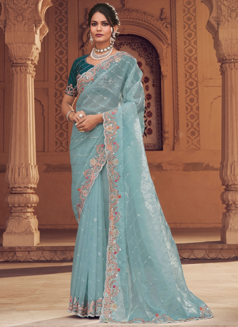 Aqua Blue Woven Soft Silk Banarasi Saree With Brocade Blouse – Zari Banaras