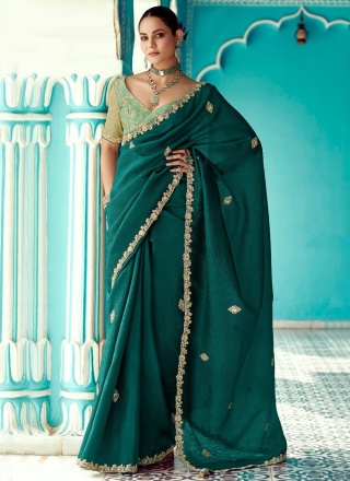 Impressive Embroidered Green and Teal Trendy Saree