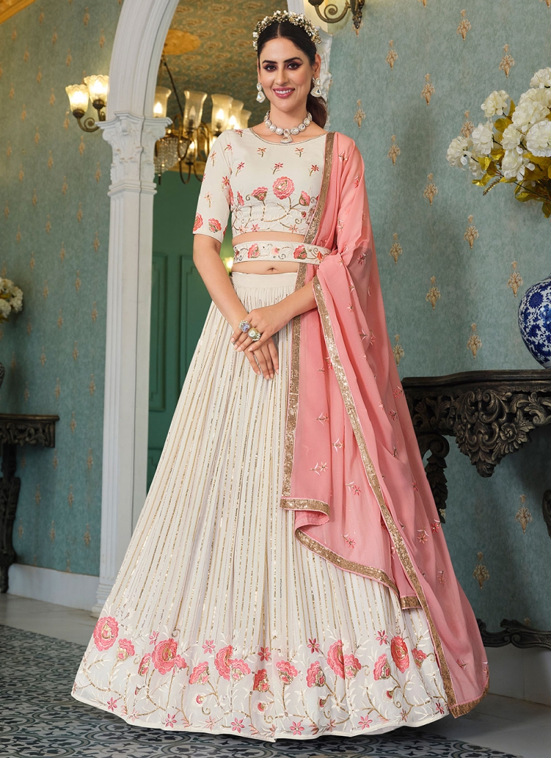 White Color Sequins And Thread Embroidery Work Georgette Lehenga Choli With  Chinon Dupatta