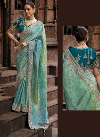 Innovative Aqua Blue Contemporary Saree