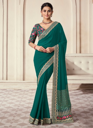 Embroidered Lycra Saree in Sea Green