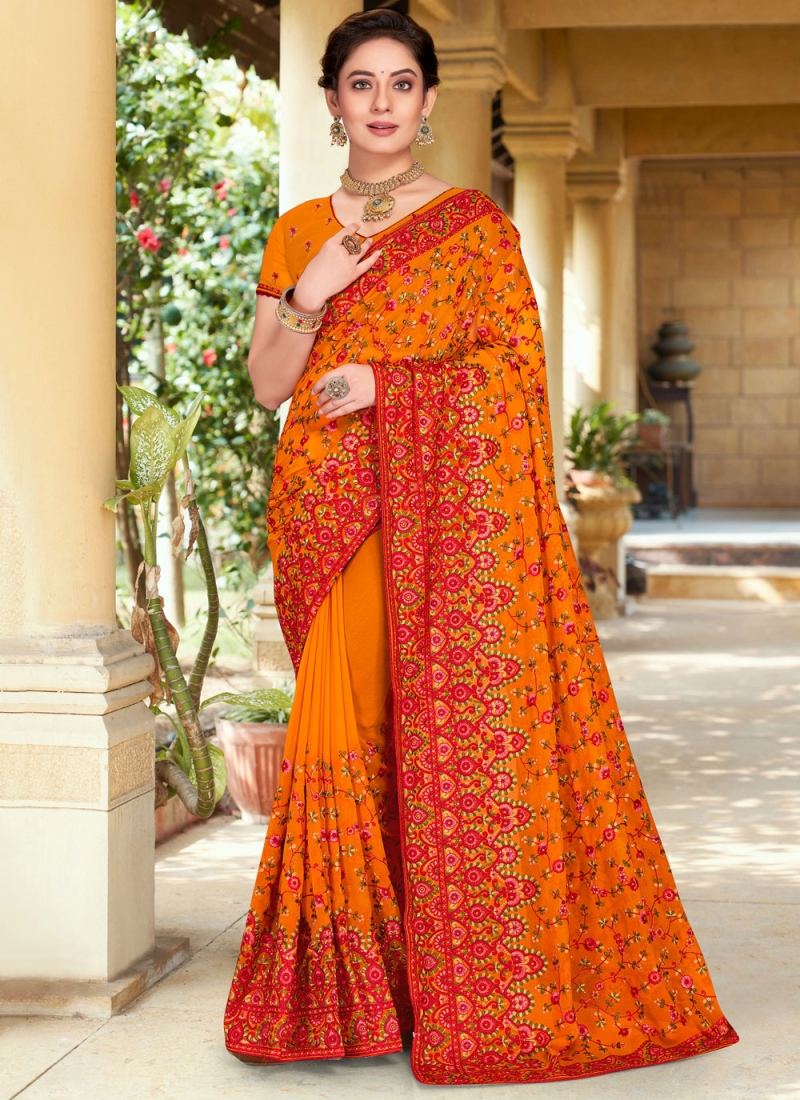 Intricate Kashmiri Mustard Georgette Classic Saree