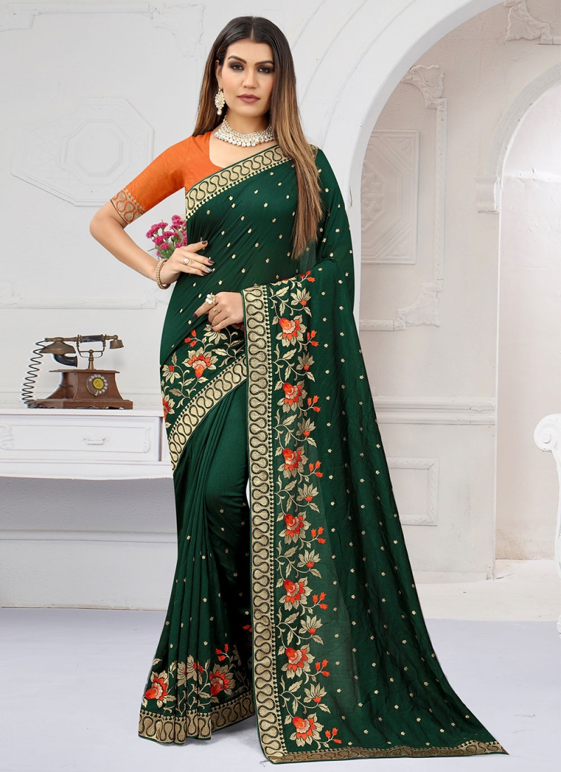 New trend designer Resham work saree with a raw silk blouse.