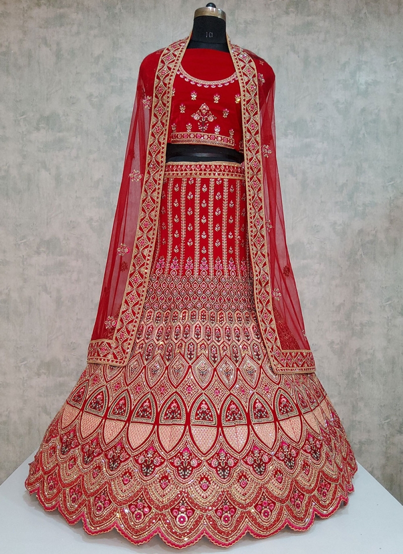 Intriguing Velvet Red Embroidered Designer Lehenga Choli