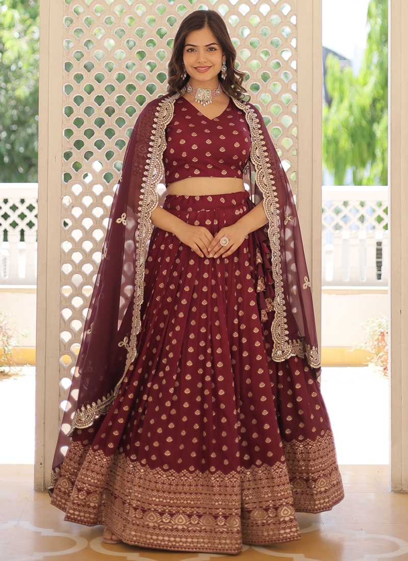 Intriguing Wine Ceremonial Designer Lehenga Choli